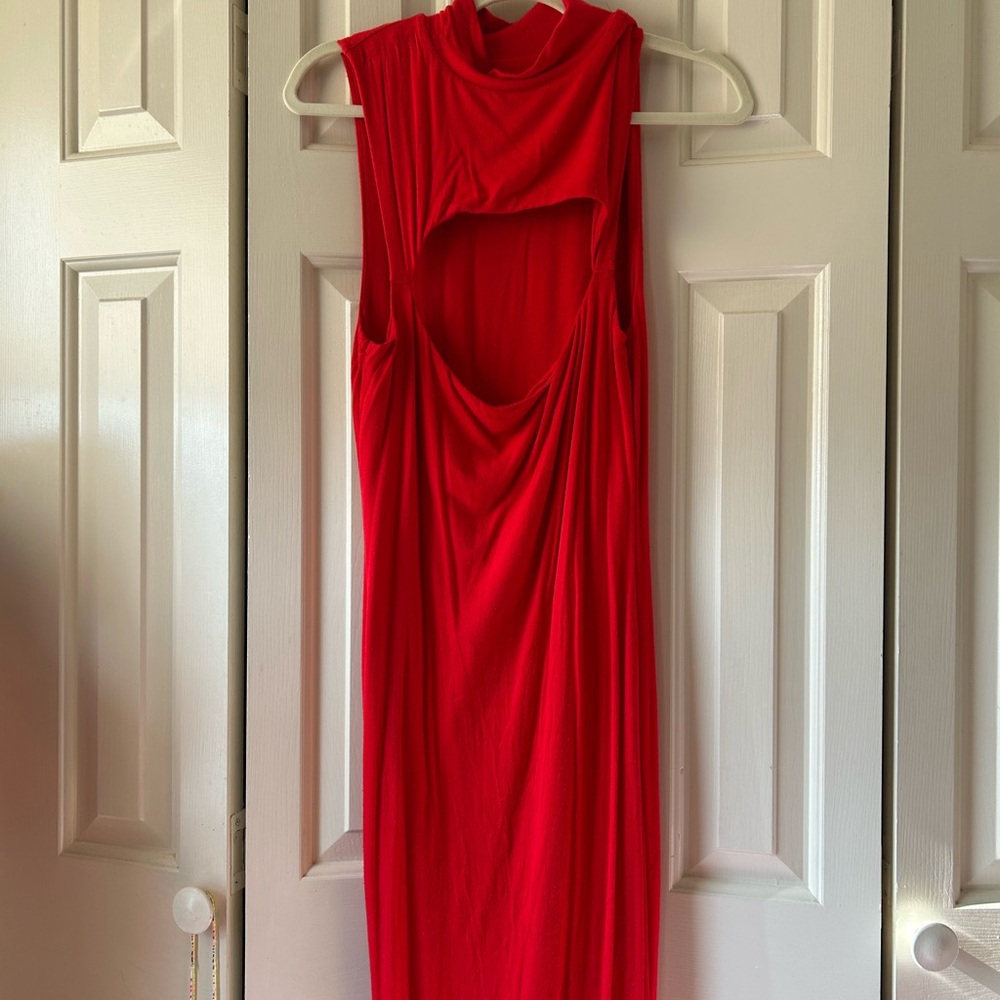 Bar III Red Mockneck Window Bust Maxi Dress racy date night cotton jersey knit